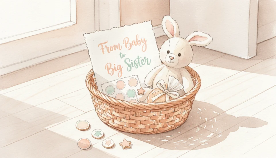 Watercolor illustration with visible text, showing a close-up of a small wicker basket on a wooden floor. Inside the basket: a hand-drawn card with the text "From Baby to Big Sister" in playful handwriting, a small plush bunny, colorful stickers, and a wrapped cookie. Soft afternoon light, warm pastel colors (peach, mint, cream), gentle shadows. The scene feels intimate, thoughtful, and full of love. Delicate watercolor washes and loose, expressive brushstrokes.
