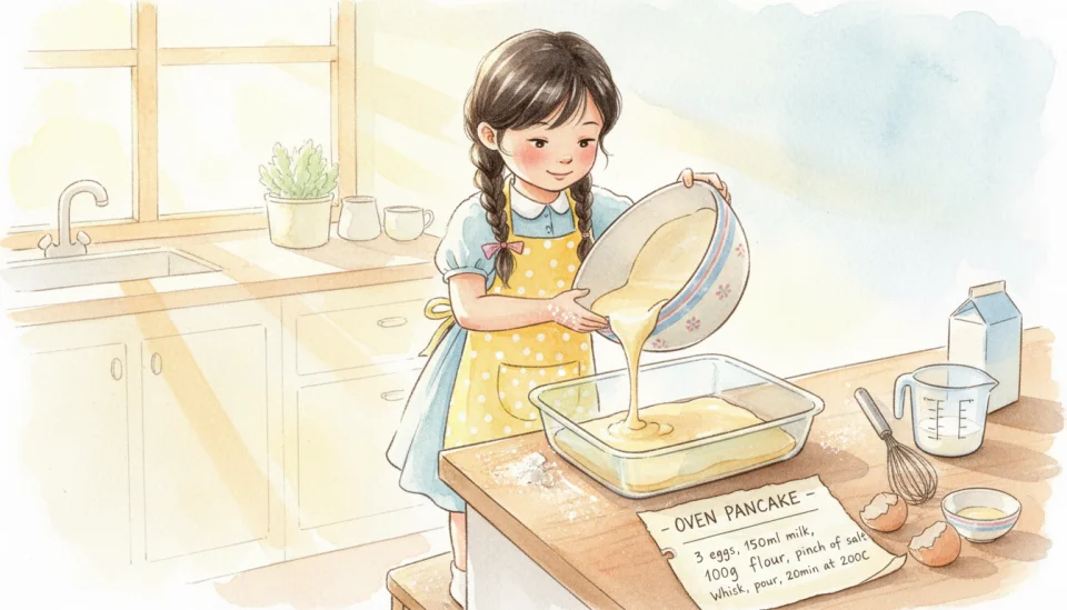 Watercolor illustration showing a cheerful kitchen scene from a low angle, as if viewed by a child. A young girl with dark braided hair, wearing a bright yellow apron, stands at a counter pouring batter from a mixing bowl into a baking dish. On the counter, a handwritten recipe card in English reads: OVEN PANCAKE - 3 eggs, 150ml milk, 100g flour, pinch of salt. Whisk, pour, bake 20min at 200C. The scene is bathed in warm morning light. Watercolor style with soft, blended edges, pastel yellows, pinks, and whites, evoking joy and capability.