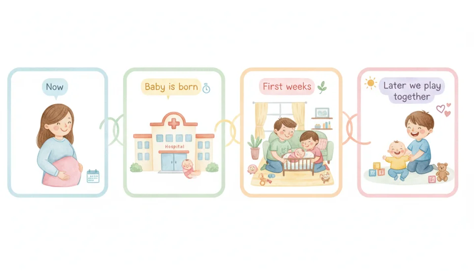 Watercolor educational illustration panel showing a simple timeline for children, four connected scenes depicting: 1) Mama with big belly labeled "Now", 2) Hospital building labeled "Baby is born", 3) Family at home with newborn labeled "First weeks", 4) Older sibling playing with smiling baby labeled "Later we play together", soft pastel watercolors in gentle progression, child-friendly simple drawings with clear labels in English, reassuring visual sequence showing the journey ahead, warm encouraging atmosphere, loose watercolor technique with clean white spaces between panels, designed to help young children understand the timeline of change