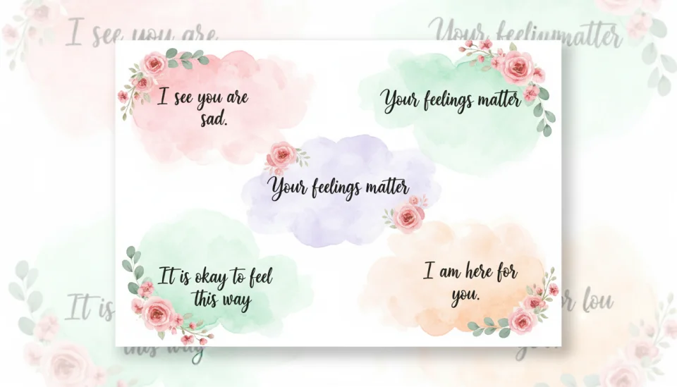 Watercolor infographic panel showing four emotion validation phrases in English written in elegant hand-lettered calligraphy: "I see you are sad", "Your feelings matter", "It is okay to feel this way", "I am here for you", each phrase surrounded by soft watercolor clouds in pastel pink, lavender, mint green and peach tones, delicate floral accents around the borders, gentle flowing composition, educational yet artistic style, comforting and validating atmosphere