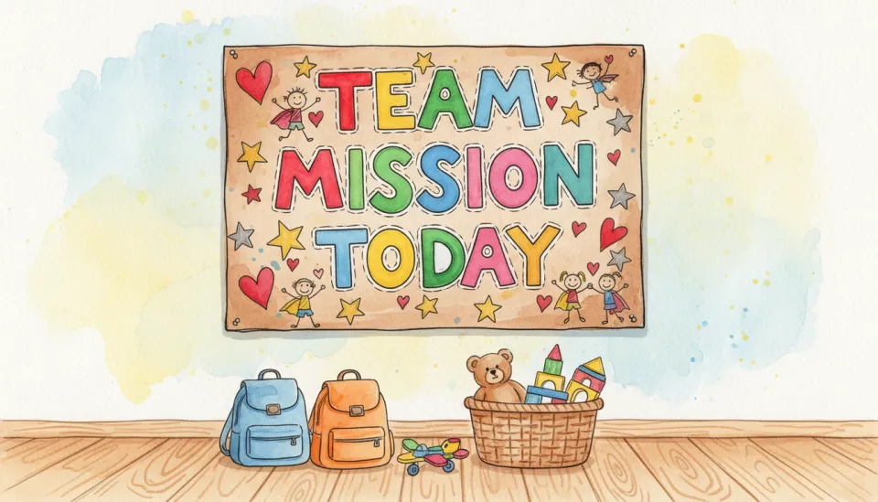 Watercolor illustration in vibrant, cheerful colors showing a handmade poster on a wall with the text TEAM MISSION TODAY written in colorful letters, surrounded by hand-drawn stars, hearts, and simple stick figure drawings of children. Below the poster, two small backpacks and a basket with toys are visible on a wooden floor. The scene is captured from a straight-on perspective, emphasizing the playful, creative nature of the mission board. The watercolor style features bold, expressive brushstrokes, bright primary colors mixed with pastels, and a joyful, energetic mood.