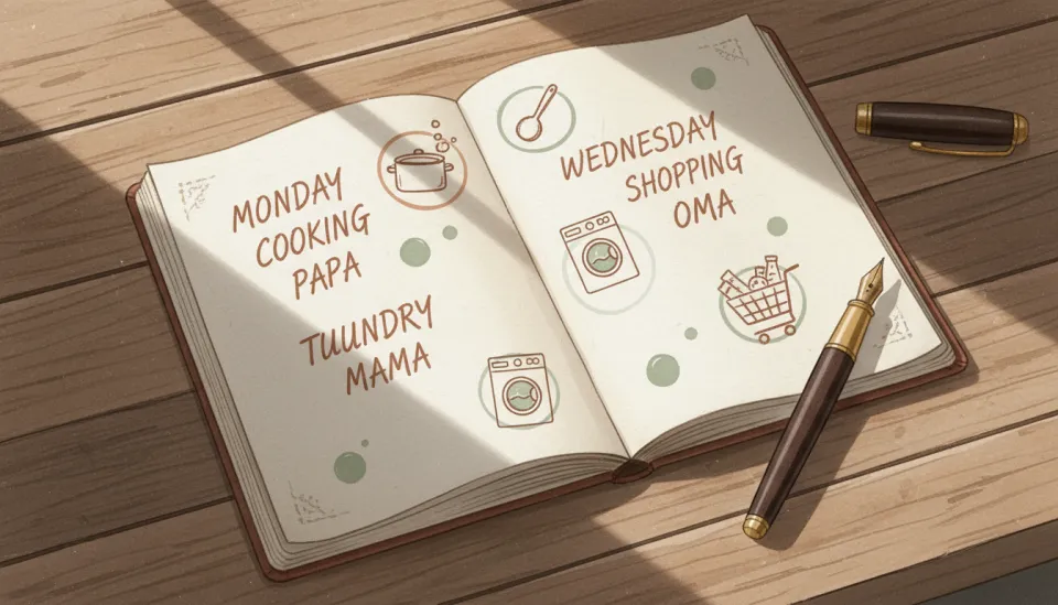 Watercolor illustration in warm earth tones of terracotta, sage green and cream, showing a weekly planner page spread open on a rustic wooden kitchen table, hand-drawn icons for cooking, laundry and shopping are scattered across the days, a fountain pen rests beside it, soft morning light casts gentle shadows, shot from a high angle with 35mm reportage lens feel, deep depth of field keeping all elements sharp, the text on the planner reads MONDAY COOKING DAD TUESDAY LAUNDRY MOM WEDNESDAY SHOPPING GRANDMA in clear handwritten style, conveying practical organization and shared responsibility