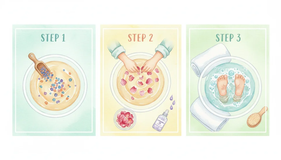 Watercolor step-by-step illustration panel showing a DIY foot spa setup: Panel 1 labeled STEP 1 shows a plastic basin filled with warm water and colorful bath salts, Panel 2 labeled STEP 2 shows small hands adding rose petals and a few drops of lavender oil, Panel 3 labeled STEP 3 shows two children feet soaking in the basin with bubbles, soft pastel watercolor washes in mint green and soft yellow, playful instructional style, flat lay perspective, bright and cheerful mood, wide composition with all three panels visible, educational and inviting atmosphere