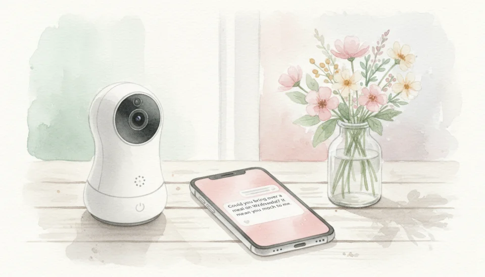Watercolor-style illustration with soft pink, mint green, and cream tones: a smartphone screen displaying a text message in English that reads: "Could you bring over a meal on Wednesday? It would mean so much to me." The phone rests on a wooden table beside a baby monitor and a small vase with wildflowers. Composition is a close-up, shallow depth of field, warm and hopeful mood. Delicate watercolor textures, gentle light.