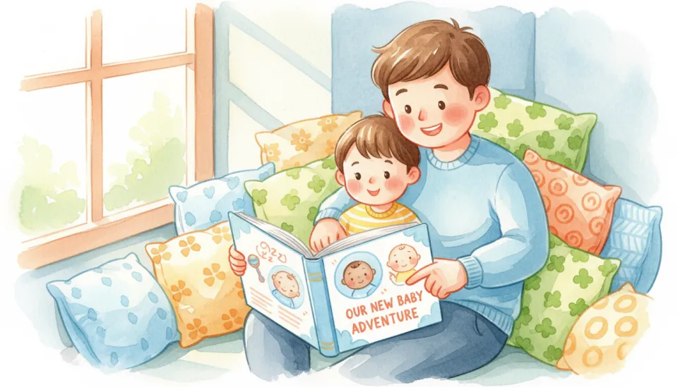Watercolor illustration in cheerful bright colors showing a child and parent sitting together looking at a colorful picture book about babies, the book open on their laps, both smiling, cozy reading nook with cushions, natural daylight, joyful anticipation, visible book pages with simple baby illustrations, warm and inviting atmosphere, soft watercolor textures