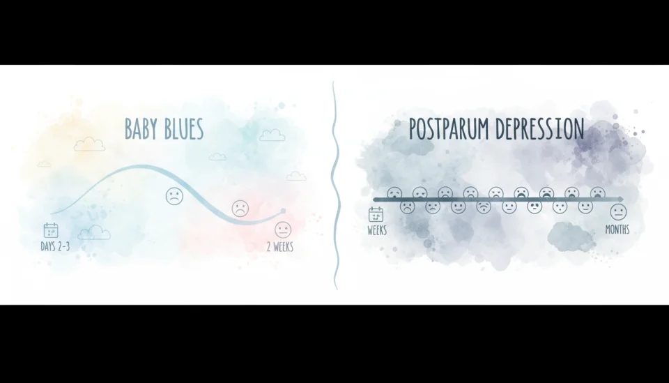 Watercolor infographic panel showing two contrasting timelines side by side, left side labeled BABY BLUES with soft pastel colors showing a gentle curve from days 2-3 peaking then declining over 2 weeks, right side labeled POSTPARTUM DEPRESSION with deeper blues and grays showing a prolonged flat line extending months, simple icons of calendars and emotional faces, clean educational style, wide composition, 24mm wide angle feel, informative and reassuring visual tone, delicate watercolor textures with clear English text labels