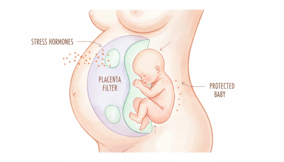 Watercolor illustration in soft educational style showing a cross-section diagram of a pregnant belly, the placenta depicted as a gentle protective shield with soft pastel colors in lavender and mint green, small symbolic stress hormones (tiny orange dots) being filtered by the placenta barrier, only a few passing through to the baby shown in warm pink tones peacefully floating, arrows and simple labels in English like STRESS HORMONES, PLACENTA FILTER, PROTECTED BABY, painted with transparent layers and delicate linework, informative yet warm and reassuring visual