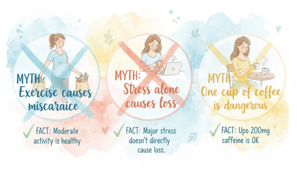 A creative watercolor infographic-style illustration showing three myth-busting panels with gentle crossed-out symbols and checkmarks. Panel 1: A woman lifting light groceries with text "MYTH: Exercise causes miscarriage" crossed out. Panel 2: A stressed woman at work with text "MYTH: Stress alone causes loss" crossed out. Panel 3: A woman enjoying coffee with text "MYTH: One cup of coffee is dangerous" crossed out. Soft educational vibe with pastel blues, corals, and yellows, hand-lettered English text integrated into watercolor frames.