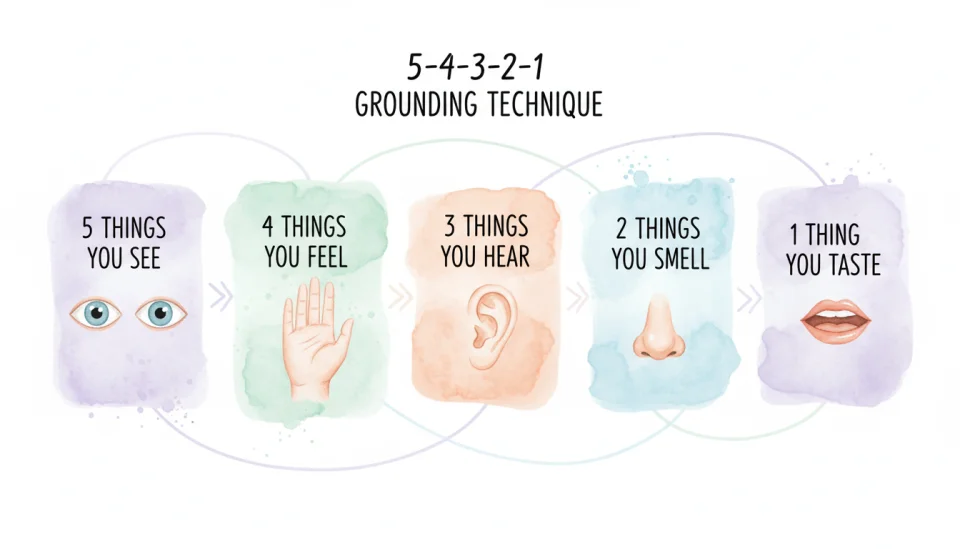 Watercolor infographic showing the 5-4-3-2-1 grounding technique, illustrated as five gentle watercolor panels flowing from left to right, each panel showing simple icons: eyes with "5 THINGS YOU SEE", hand with "4 THINGS YOU FEEL", ear with "3 THINGS YOU HEAR", nose with "2 THINGS YOU SMELL", mouth with "1 THING YOU TASTE", soft pastel colors in lavender, mint green, peach, and sky blue, delicate connecting lines between panels, clean typography in English, airy composition with white space, educational yet calming aesthetic
