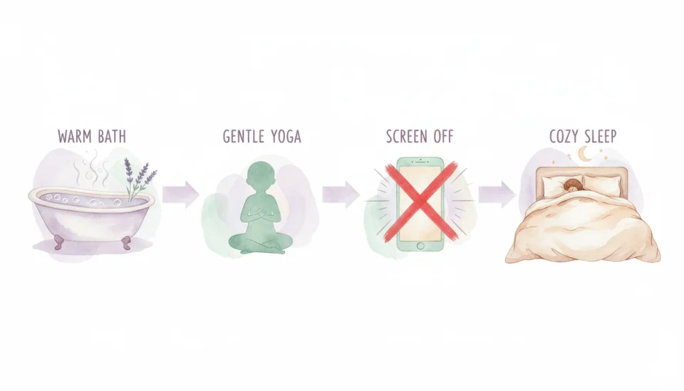 Watercolor infographic in soft pastels showing a step-by-step bedtime routine, four connected panels flowing from left to right: Panel 1 labeled WARM BATH shows a steaming bathtub with lavender sprigs, Panel 2 labeled GENTLE YOGA depicts a simple child pose silhouette, Panel 3 labeled SCREEN OFF shows a phone with a red X, Panel 4 labeled COZY SLEEP shows a peaceful bed setup, painted with gentle brushstrokes and flowing transitions between scenes, arrows connecting the panels, soothing color palette of lavender purple warm cream and soft mint green, educational yet artistic style, text in clear English letters integrated naturally into the watercolor design