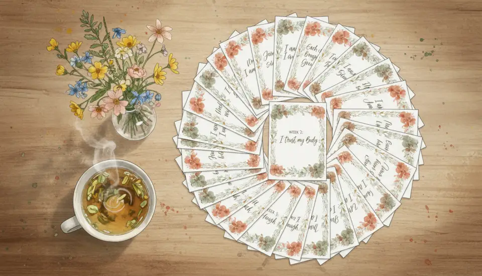 Watercolor style illustration showing a weekly affirmation card system, overhead view of a wooden table with 25 beautifully designed cards arranged in a gentle spiral pattern, each card featuring delicate floral borders and inspiring text in elegant script reading WEEK 1: I TRUST MY BODY, WEEK 2: EACH DAY BRINGS GROWTH, soft natural light from the side, warm earth tones of terracotta, sage green and cream, a cup of herbal tea and a small vase with wildflowers nearby, painted with loose watercolor washes and fine detail work, peaceful and organized composition