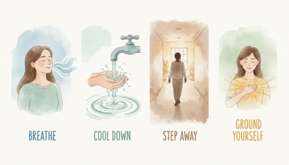 Watercolor infographic showing four calming techniques in a step-by-step visual panel layout: first panel shows a woman taking deep breaths with flowing air waves in soft blue, second panel depicts hands under running water with gentle ripples, third panel shows a figure stepping away into a quiet hallway with warm light, fourth panel illustrates a woman placing hand on heart with radiating warmth in golden yellow, each panel connected by delicate watercolor borders, clean composition with labels in English: BREATHE - COOL DOWN - STEP AWAY - GROUND YOURSELF, pastel color palette of blues, greens and warm neutrals, educational yet emotionally supportive visual style