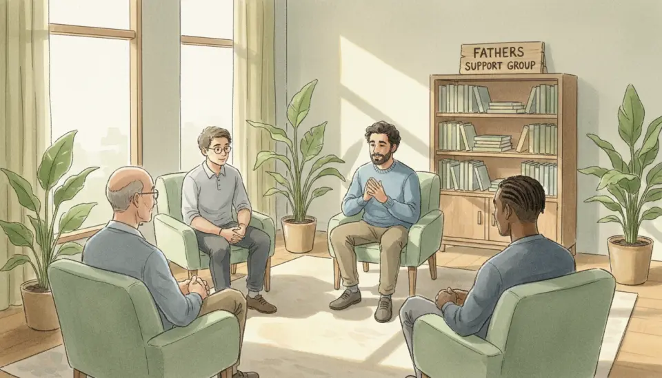 Illustration aquarelle d'une sc&egrave;ne de th&eacute;rapie de groupe soutenante : quatre hommes divers assis en cercle sur des chaises confortables dans une pi&egrave;ce lumineuse avec des plantes, un homme parlant pendant que les autres &eacute;coutent attentivement, lumi&egrave;re dor&eacute;e de l'apr&egrave;s-midi p&eacute;n&eacute;trant par de grandes fen&ecirc;tres, tons verts apaisants et beiges, un petit panneau au mur indiquant GROUPE DE SOUTIEN AUX P&Egrave;RES en lettres simples, atmosph&egrave;re de confiance et d'ouverture, coups de pinceau doux et lavis de couleurs d&eacute;licates