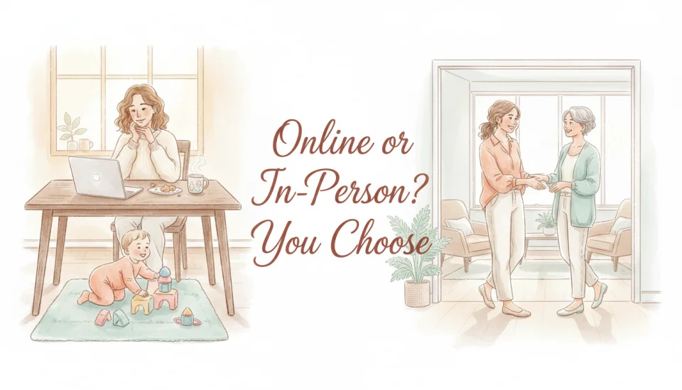 Watercolor illustration showing a split scene: on the left, a mother sitting at a kitchen table with a laptop open for an online therapy session, warm kitchen light, baby playing safely nearby on a mat; on the right, the same mother walking into a bright therapy office, greeted by a therapist, soft natural light, both scenes in harmonious pastel tones of peach, mint, and cream, gentle brushstrokes, text overlay in elegant handwriting says "Online or In-Person? You Choose", sense of choice and empowerment