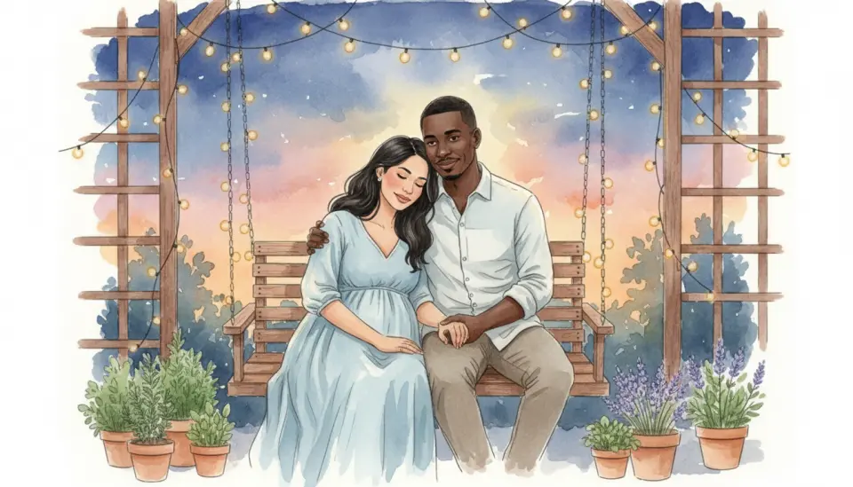 Tender watercolor illustration showing an expecting couple in their early thirties sitting together on a porch swing at dusk, woman of Latin American descent leaning against her partner of African descent, his hand gently on her belly, surrounded by string lights and potted herbs, deep blue and warm orange sunset tones, medium shot from slightly elevated angle, 35mm reportage feel, intimate conversation moment, soft watercolor blending suggesting emotional connection and partnership, peaceful evening atmosphere