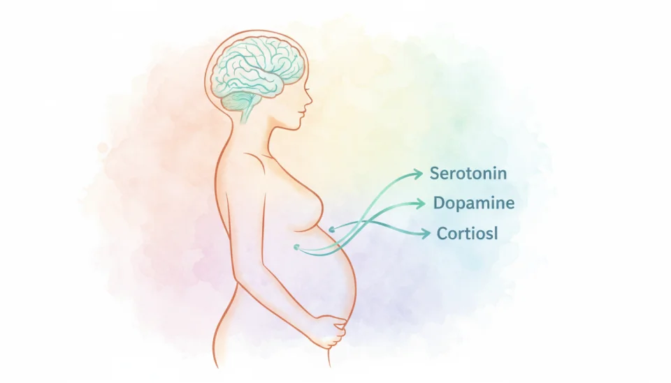 An educational illustration showing a side profile of a pregnant woman with a transparent overlay of her brain, highlighting neurotransmitter pathways in soft blues and greens, arrows indicating hormone flow from belly to brain, labeled "Serotonin", "Dopamine", "Cortisol" in clean sans-serif font, watercolor background in gentle pastel tones, scientific yet warm and accessible style, medium shot composition
