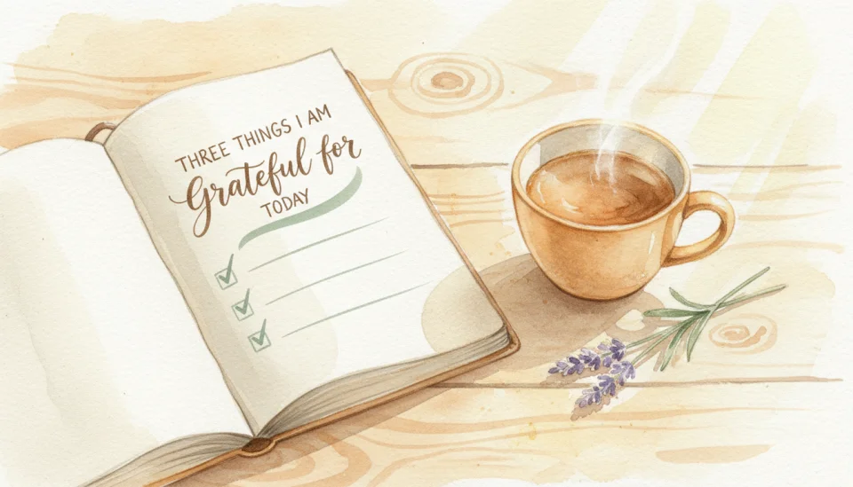 Watercolor scene of a journal page with handwritten text "THREE THINGS I AM GRATEFUL FOR TODAY" in elegant script at the top, followed by three gentle checkmarks. Beside it, a steaming cup of herbal tea, a sprig of lavender, and soft morning light streaming across a wooden table. Warm ochre, sage green, and cream tones. Intimate, cozy, and nurturing atmosphere. Delicate watercolor textures with visible brushstrokes.