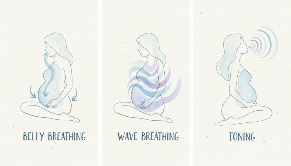 Watercolor infographic panel illustration in soft blues and lavenders showing three breathing techniques for labor: first panel shows a woman inhaling deeply with arrows indicating breath flow into belly, second panel shows wavelike breath movement through body with gentle curved lines, third panel shows woman exhaling with sound waves depicted as concentric circles, minimalist style with hand-lettered English labels: BELLY BREATHING, WAVE BREATHING, TONING, painted with transparent washes and delicate linework
