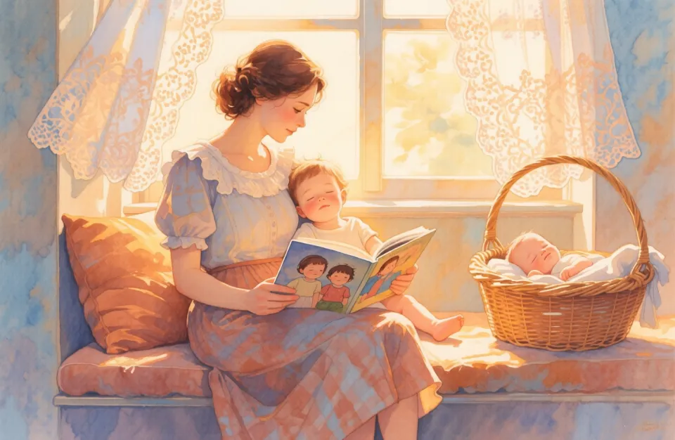 Watercolor illustration in warm, nostalgic tones showing a close-up of a mother and child sitting together on a cushioned window seat, an open picture book about siblings resting on their laps, soft afternoon light filtering through lace curtains, gentle expressions of connection, a baby sleeping in a moses basket nearby, intimate perspective, delicate brushwork with transitions from honey gold to soft terracotta to pale blue, tender and loving atmosphere