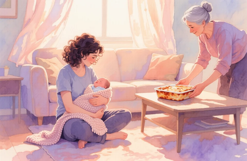 Watercolor illustration in soft peach, lavender, and warm cream tones: a young mother with dark curly hair sits cross-legged on a cozy living room floor, cradling a newborn wrapped in a knitted blanket. Beside her, a neighbor woman with silver-gray hair in a bun gently places a casserole dish on the coffee table. Warm afternoon light filters through sheer curtains, casting gentle shadows. The scene feels intimate, supportive, and full of quiet gratitude. Loose brushstrokes, delicate washes, emotional warmth.