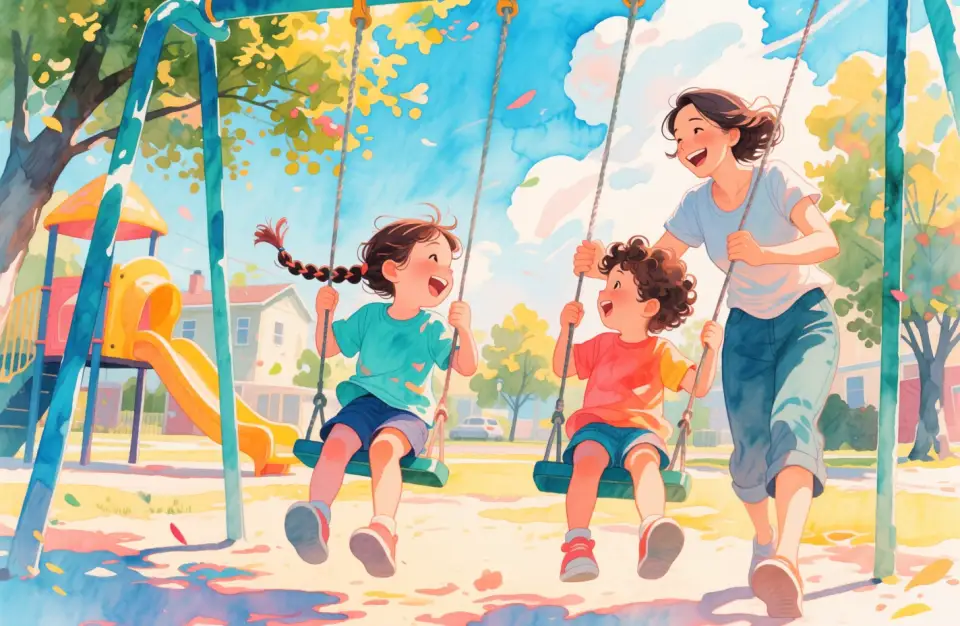 Watercolor illustration in vibrant turquoise, coral, and sunny yellow: two children, one with braided hair and one with short curls, play together on a neighborhood playground. A smiling neighbor woman in casual clothes pushes them on swings. Background shows leafy trees and a blue sky with soft clouds. Wide-angle perspective, joyful energy, dynamic brushstrokes, summery and carefree atmosphere.