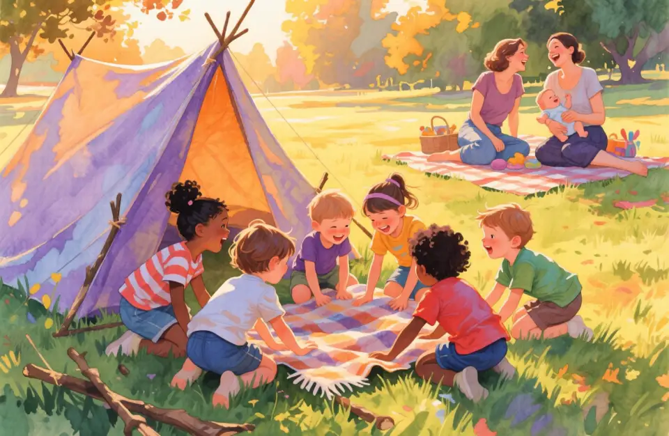 Watercolor scene in warm amber, soft lavender, and forest green: a group of children of diverse backgrounds play together on a grassy lawn, building a fort with blankets and sticks. In the background, two mothers sit on a picnic blanket, chatting and laughing, one holding a baby. Late afternoon golden light, low angle perspective, joyful and communal atmosphere. Loose, expressive brushwork, harmonious and uplifting.