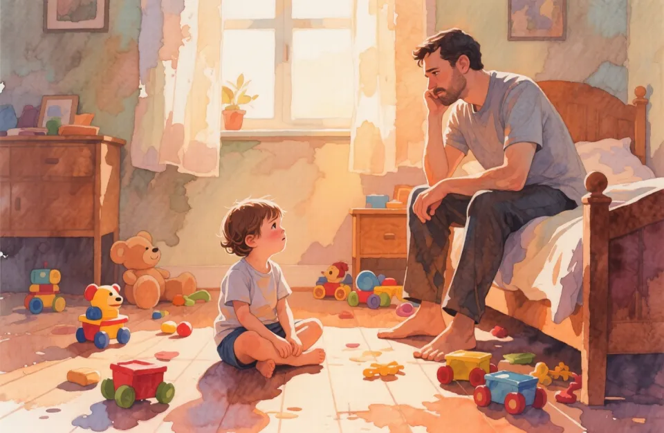 Watercolor scene in warm earth tones depicting a concerned young child sitting cross-legged on a bedroom floor surrounded by toys, looking thoughtfully at a parent who sits at eye level listening attentively, soft afternoon light through a window, empathetic body language, safe space for emotions, gentle color transitions, intimate perspective