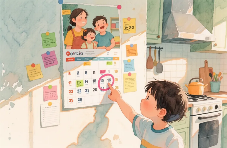 Watercolor painting in muted sage and cream tones showing a family calendar on a kitchen wall with colorful stickers marking special days, a childs hand pointing at a circled date, morning light, organized family life, sense of structure and anticipation, detailed calendar markings, homey kitchen background, reassuring atmosphere