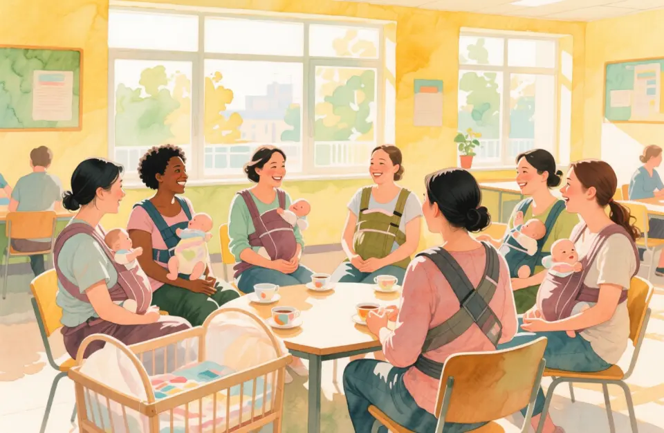 Watercolor scene showing a diverse group of new mothers sitting in a bright community center during late morning, large windows with natural light, women of Asian, African, and European descent sharing stories over tea, babies in carriers and bassinets nearby, warm yellow and soft green color palette, supportive and connected atmosphere, medium shot capturing the circle of women, eye level perspective, 35mm reportage feel, genuine smiles and empathetic expressions, gentle watercolor washes