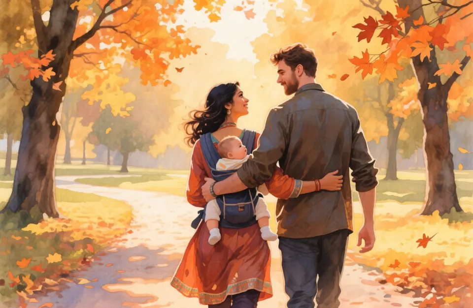 Watercolor scene of a young couple walking together in a park during golden hour, woman of South Asian descent holding baby in carrier, man of European descent with supportive arm around her shoulders, autumn leaves in warm orange and gold, dappled sunlight through trees, hopeful and connected atmosphere, medium wide shot from behind showing their path forward, eye level perspective, 50mm natural feel, gentle encouragement and partnership mood, soft watercolor blending