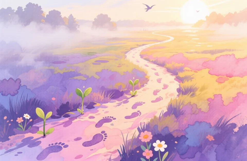 Conceptual watercolor illustration depicting the journey of early pregnancy as a winding path through a serene landscape, starting in misty morning light and leading toward bright sunshine, delicate footprints along the path, symbolic elements like tiny seedlings growing into flowers representing weekly development milestones, soft gradients of lavender transitioning to warm yellow and pink, high angle bird-eye view perspective, 24mm wide composition showing the full journey, abstract yet hopeful representation, flowing watercolor technique with intentional color bleeds suggesting growth and transformation