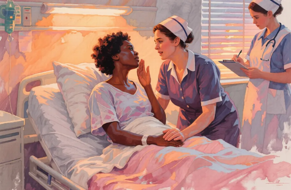Watercolor scene in warm ochre, soft rose, and gentle gray tones showing an African woman in labor sitting upright on a hospital bed, her doula gently holding her hand and whispering encouragement, midwife checking notes in the background, evening light through half-open blinds, atmosphere of trust and quiet strength, painted with expressive brushstrokes and emotional depth