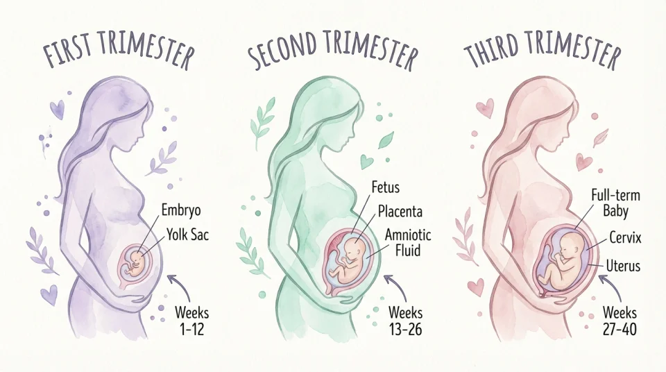 Educational watercolor infographic showing three pregnancy stages labeled 'First Trimester', 'Second Trimester', 'Third Trimester' with gentle illustrations of a woman's silhouette in each phase, soft anatomical details showing baby position and uterus growth, pastel color palette of lavender, mint, and blush pink, clean layout with simple English labels, reassuring and informative style, medical accuracy combined with artistic warmth, wide angle view, all elements clearly visible
