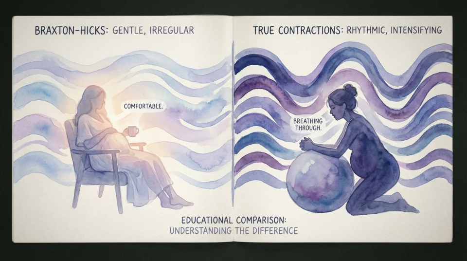 Watercolor illustration in soft blues, lavenders and whites showing a side-by-side comparison panel layout, left side depicts gentle irregular waves in pastel tones representing Braxton-Hicks contractions with a relaxed pregnant silhouette sitting comfortably, right side shows rhythmic, intensifying waves in deeper purples and blues with a focused silhouette breathing through contractions, delicate hand-painted textures, educational yet warm visual storytelling, wide composition with clear visual separation, 35mm reportage feel, deep depth of field
