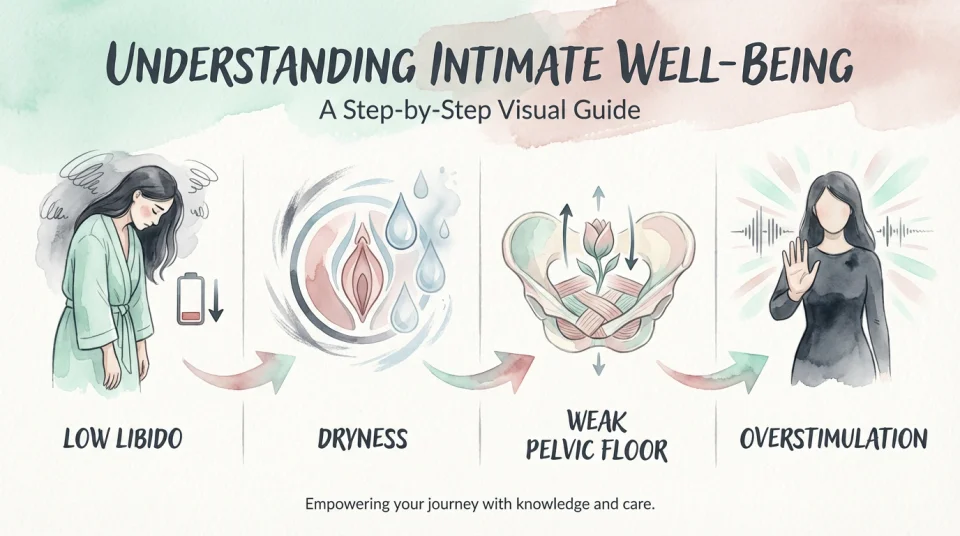 Watercolor infographic panel in soft mint, blush and charcoal tones: a step-by-step visual guide showing four illustrated stages &ndash; first panel shows a tired woman with closed eyes and low energy icon, second panel shows a vaginal dryness symbol with water droplets fading, third panel shows pelvic floor muscles in gentle pastel anatomy sketch, fourth panel shows a woman setting boundaries with her hand raised gently, each panel connected by flowing watercolor arrows, clean layout, educational and empowering mood, text labels in English: "Low Libido", "Dryness", "Weak Pelvic Floor", "Overstimulation"