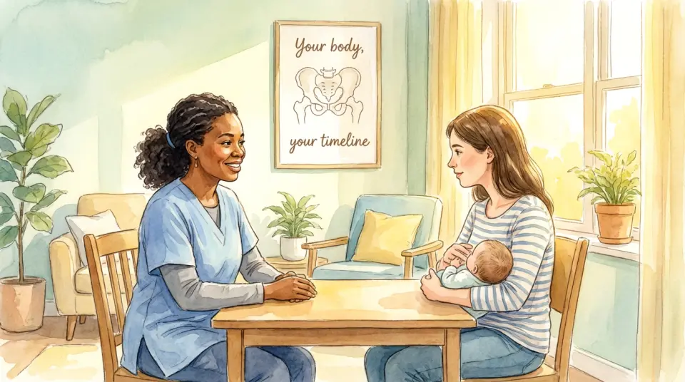 Watercolor illustration showing a friendly female physiotherapist in her forties with African features, wearing a soft blue tunic, sitting across from a young mother in a bright, modern therapy room. On the wall behind them, a simple anatomical poster of the pelvic floor is visible. The text on the poster reads: "Your body, your timeline". Sunlight streams through a large window, creating a warm, safe atmosphere. The brushstrokes are gentle and reassuring, emphasizing trust and professional care.
