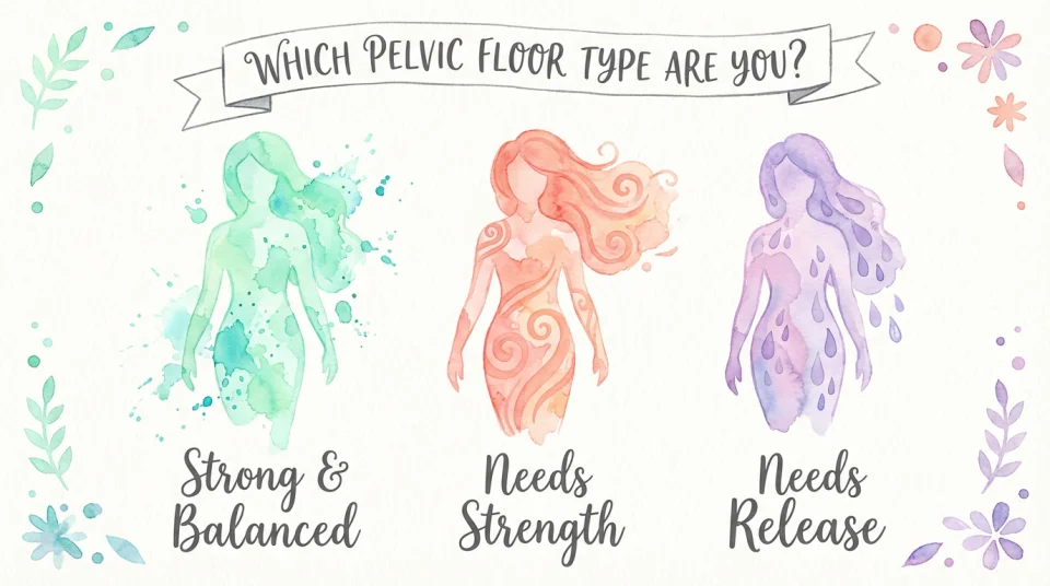 Playful watercolor quiz illustration showing three distinct feminine silhouettes side by side, each representing a different pelvic floor type, labeled 'Strong & Balanced', 'Needs Strength', 'Needs Release' in elegant handwritten script, soft color coding (mint green, coral, lavender), light and approachable design with watercolor splashes and delicate decorative elements, modern wellness aesthetic