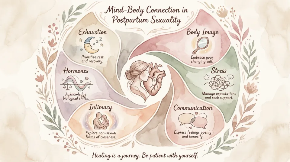 Soft watercolor infographic in dusty rose, sage green and warm beige tones: a circular diagram showing the mind-body connection in postpartum sexuality; at the center, a silhouette of a woman's head and heart intertwined; radiating outward are labeled sections in English: 'Exhaustion', 'Body Image', 'Stress', 'Communication', 'Intimacy', 'Hormones'; each section illustrated with small symbolic icons (a moon for sleep, a mirror for body image, speech bubbles for communication); painted with flowing watercolor washes and delicate hand-lettered labels; mood of clarity, understanding, and holistic healing; educational yet warm and approachable