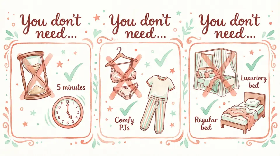 Playful watercolor infographic in soft coral, mint and cream tones showing three illustrated panels side by side: first panel with a crossed-out hourglass, second panel with a crossed-out fancy lingerie set, third panel with a crossed-out perfect bedroom setup, each with a gentle checkmark symbol next to a simple alternative like a clock showing 5 minutes, comfy pajamas, and a regular bed, whimsical and encouraging style, hand-lettered text in English saying 'You don't need...' above each panel, bright and liberating mood