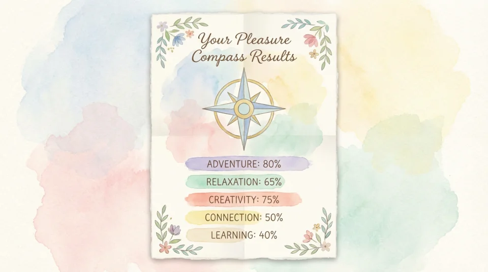 Watercolor illustration of a hand-drawn quiz result card in soft pastel watercolors, featuring a simple compass rose design in the center with delicate floral accents in corners, text reading "Your Pleasure Compass Results" at top in elegant script, five colored bars or petals showing different percentages, painted in gentle lavender, mint green, coral, and cream tones with visible paper texture and loose, artistic brushstrokes suggesting a shareable, personal keepsake
