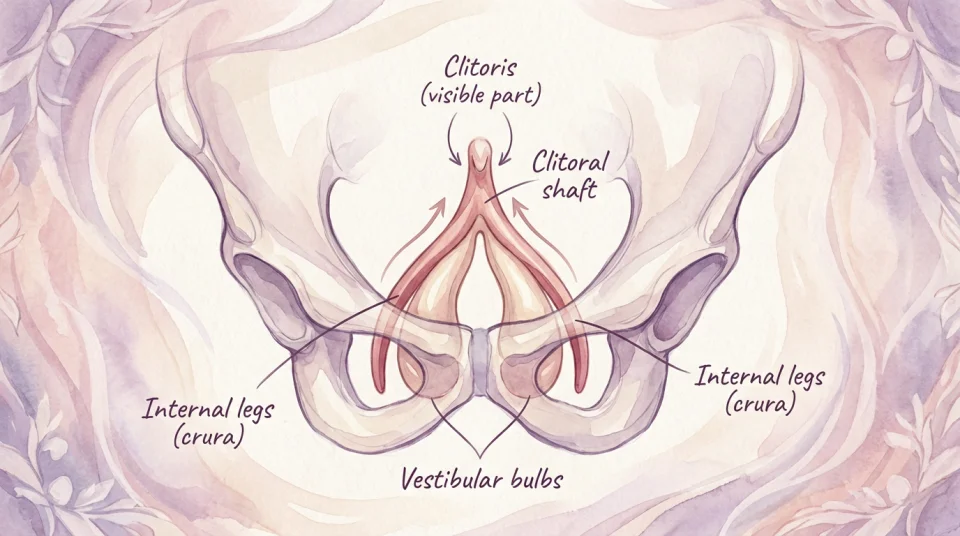 Educational watercolor diagram in soft purples, pinks and cream tones showing a simplified anatomical cross-section of female pelvic anatomy with clear English labels: 'Clitoris (visible part)', 'Clitoral shaft', 'Internal legs (crura)', 'Vestibular bulbs', gentle arrows indicating the wishbone-like structure, painted in a warm, non-clinical style with delicate linework and subtle color gradients, medical illustration meets artistic sensitivity, designed to inform without intimidating, composition centered on clarity and empowerment