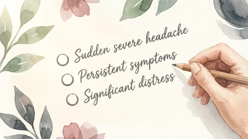 Watercolor illustration of a simple checklist on textured cream paper, with three checkboxes and handwritten-style text in English reading: "Sudden severe headache", "Persistent symptoms", "Significant distress", a gentle hand holding a pencil hovering over the list, soft natural light from the left, muted tones of sage green, dusty rose, and charcoal gray, flat lay perspective from above, evoking clarity and self-care