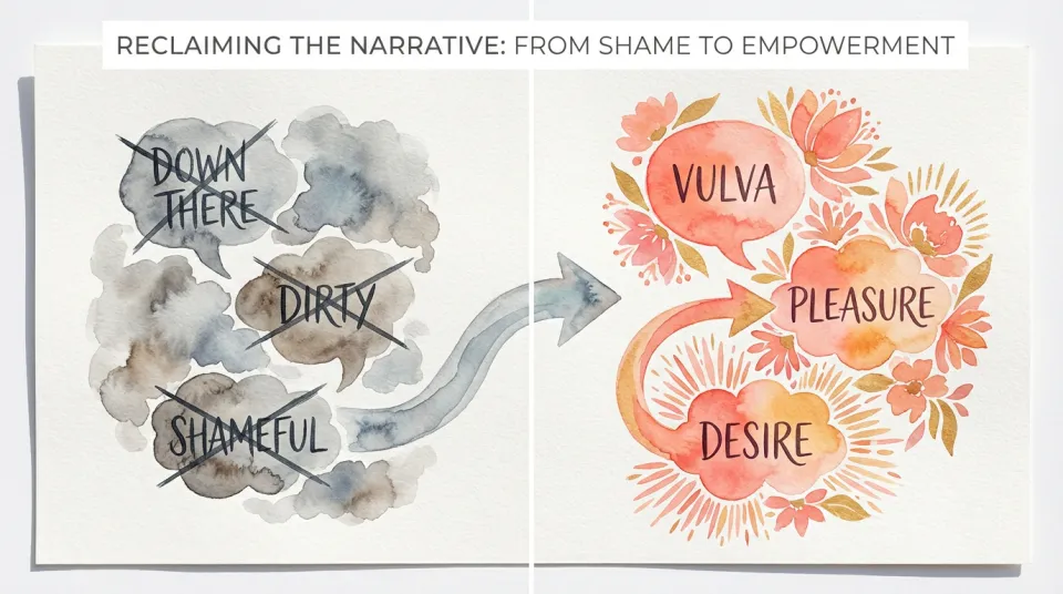 Watercolor infographic-style illustration showing a split-panel comparison, left side in muted grays with crossed-out words like 'down there', 'dirty', 'shameful', right side in vibrant coral and gold with empowering words like 'vulva', 'pleasure', 'desire', connected by flowing arrows, clean modern design, educational and uplifting tone, flat lay perspective, bright natural light, inspiring and clear visual message in English text