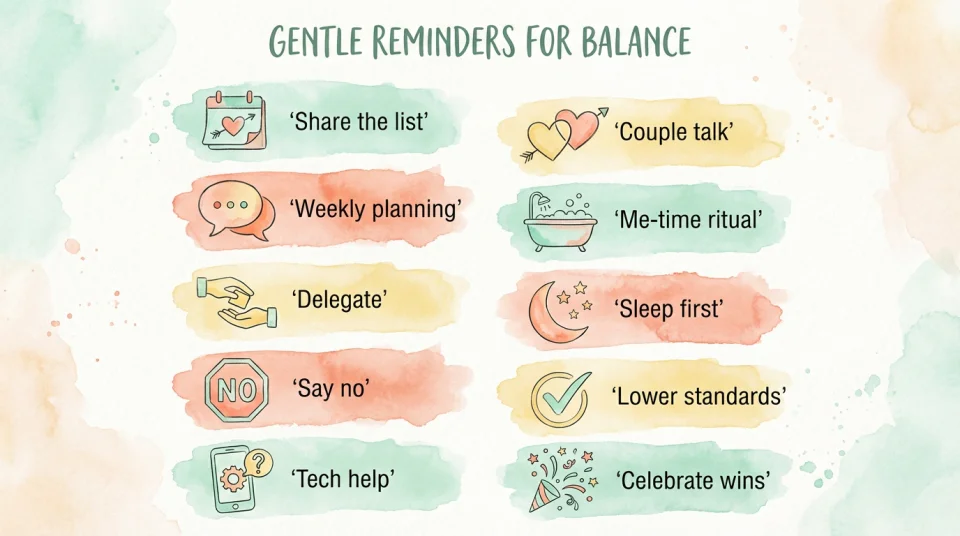 Watercolor infographic-style illustration with soft pastel tones (mint green, coral, soft yellow) showing a vertical list layout. Each of ten items is represented by a small icon and a short English label: 'Share the list', 'Weekly planning', 'Delegate', 'Say no', 'Tech help', 'Couple talk', 'Me-time ritual', 'Sleep first', 'Lower standards', 'Celebrate wins'. Icons are simple and hand-drawn: calendar, speech bubble, hands passing a task, stop sign, phone, two hearts, bath, moon, checkmark, confetti. Gentle watercolor washes frame each item. Warm, encouraging, and visually clear.
