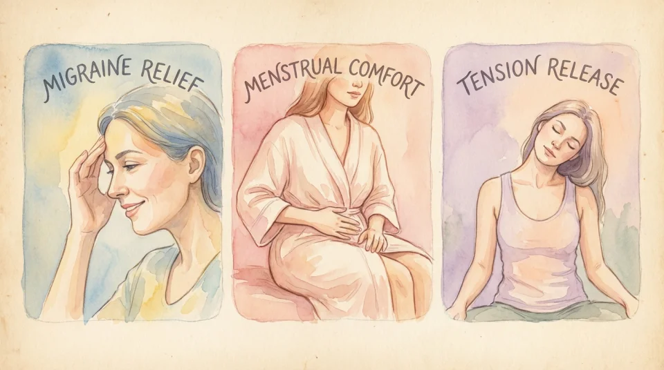 Watercolor infographic panel showing three gentle scenes side by side: left panel depicts a woman holding her temple with soft relief expression, middle panel shows a woman with hand on lower abdomen in comfort, right panel illustrates a woman stretching her neck peacefully, all in soft pastel colors with delicate brushwork, labels in English reading 'Migraine Relief', 'Menstrual Comfort', 'Tension Release', reportage 35mm perspective, warm natural light, educational yet intimate mood