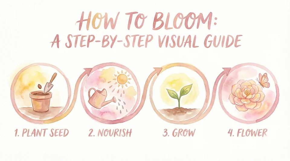 Watercolor infographic in soft pinks and warm yellows: a step-by-step visual guide titled \