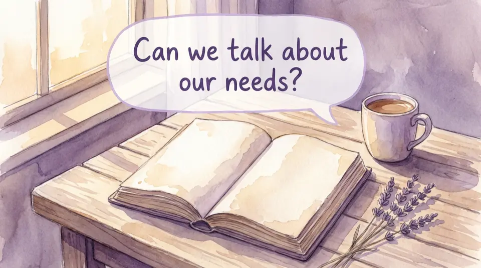 Watercolor illustration of a speech bubble floating above an open journal on a wooden table, text inside bubble reads "Can we talk about our needs?", soft lavender and cream tones, still life composition, high angle view, 50mm lens feel, warm afternoon light casting gentle shadows, atmosphere of invitation and openness, calming and approachable visual