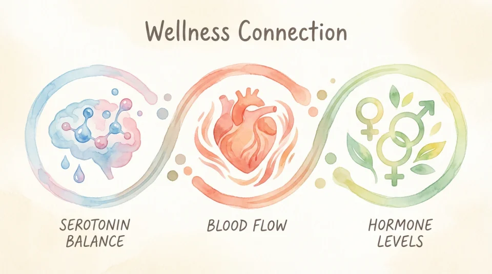 Watercolor infographic panel showing three simplified anatomical illustrations side by side: first panel shows serotonin molecules gently floating around a stylized brain with soft blue and pink hues, labeled "SEROTONIN BALANCE"; second panel depicts a heart with gentle waves symbolizing blood flow in warm coral tones, labeled "BLOOD FLOW"; third panel shows abstract hormone symbols (estrogen, testosterone) in soft green and yellow, labeled "HORMONE LEVELS"; all panels connected by delicate watercolor washes, educational yet warm and approachable style