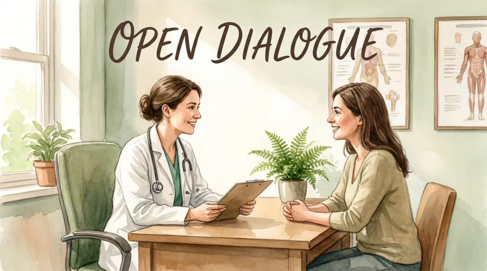 Watercolor illustration of a consultation room scene, a female doctor in a white coat sits across from a woman patient at a wooden desk, both are engaged in conversation with open body language, the doctor holds a clipboard, warm natural light from a window, soft greens and warm beige tones, a potted plant on the desk, anatomical posters on the wall, professional yet warm and approachable atmosphere, text overlay reads "OPEN DIALOGUE" in gentle handwritten font, delicate watercolor style
