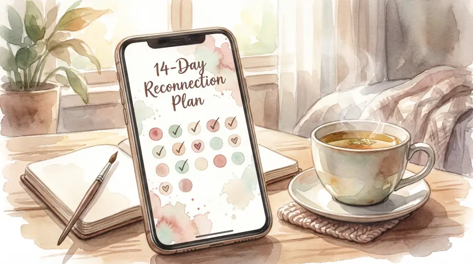 Watercolor illustration of a smartphone screen displaying a simple tracking calendar with 14 days marked in soft pastel colors, tiny checkmarks and heart icons, gentle watercolor splashes in rose, mint, and cream tones, hand-lettered English text '14-Day Reconnection Plan', cozy desk setting with a cup of herbal tea beside the phone, warm and encouraging atmosphere, painted with delicate transparency and flowing brushwork